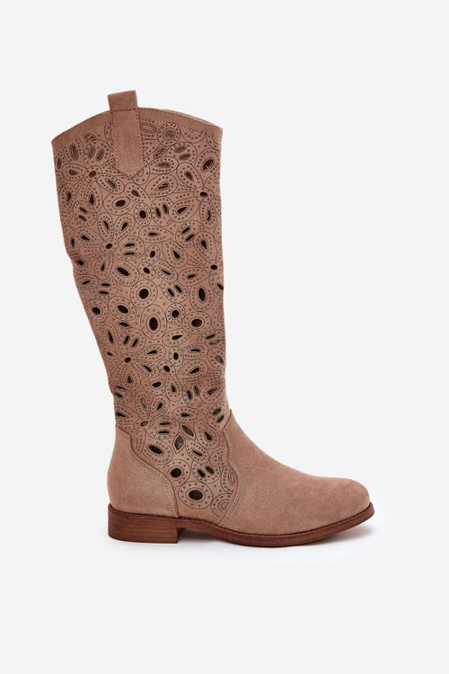 Dierkované Čižmy Na Plochéj Päte Béžové HY51-176