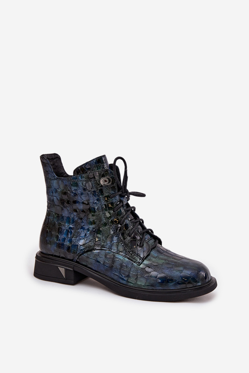 Lakované dámske členkové topánky z pravej kože D&A LZ52-962 námornícka modrá