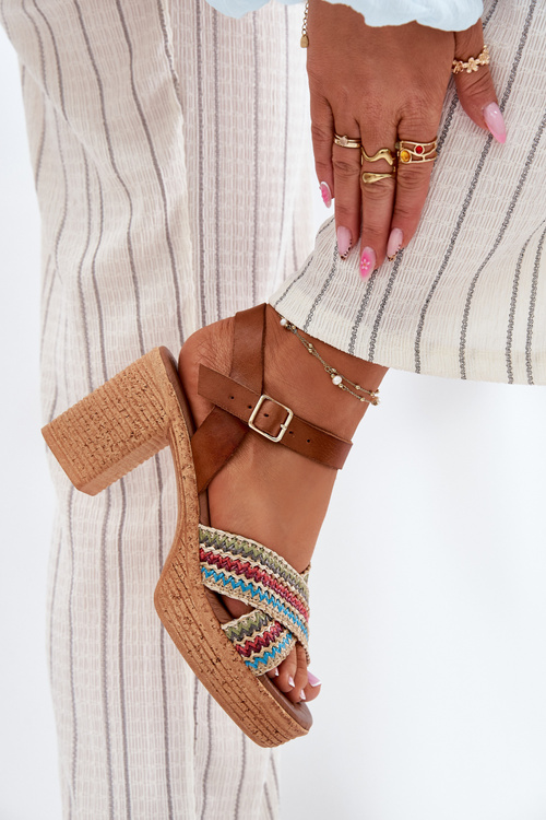 Kožené Sandále Na Opätku S Pletením Na Popruhoch Hnedé Zazoo 40460