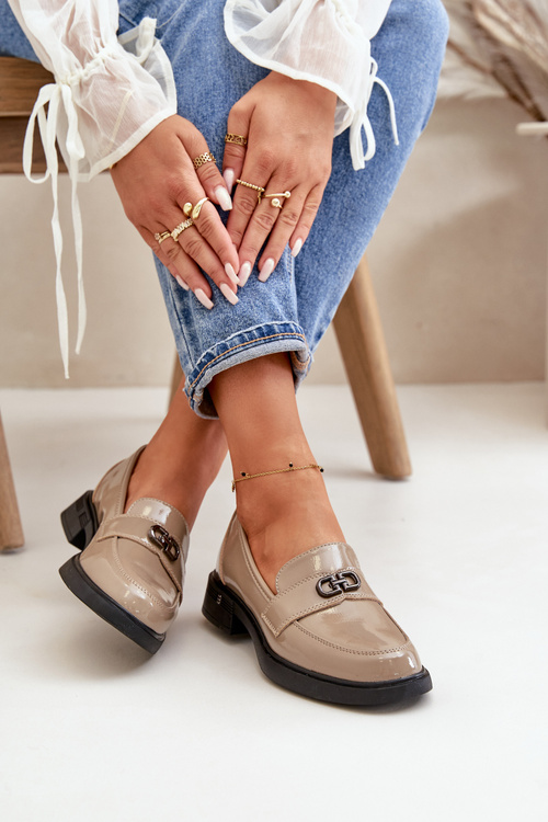 Lakované dámské mokasíny z přírodní kůže khaki Vinceza 58409