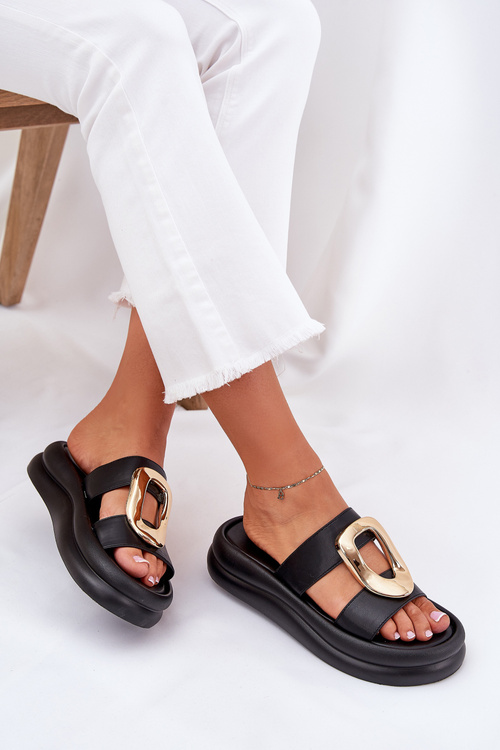 Dámské Pantofle Na Platformě Se Zlatým Detalem Černé Ularinea