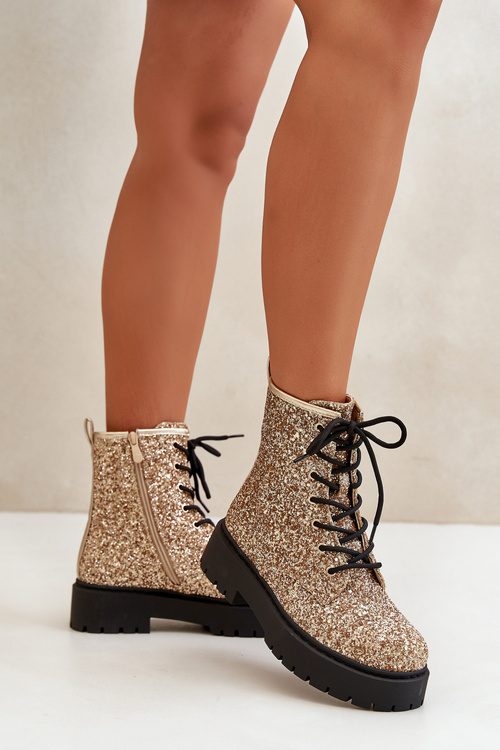 Zateplené dámske pracovné topánky zdobené flitrami zlaté Liatheine