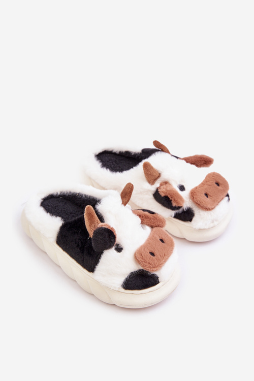 Detské Kožušinové Papuče S Kravským Motívom Biele Tamorrin