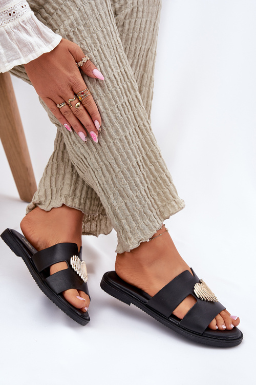 Dámské Pantofle Na Plochém Podpatku Se Zlatou Dekorací Černé Karinma