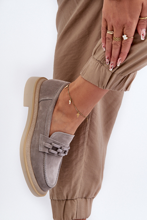 Dámské semišové mokasíny na plochém podpatku s ozdobou D&A TW101 Šedé