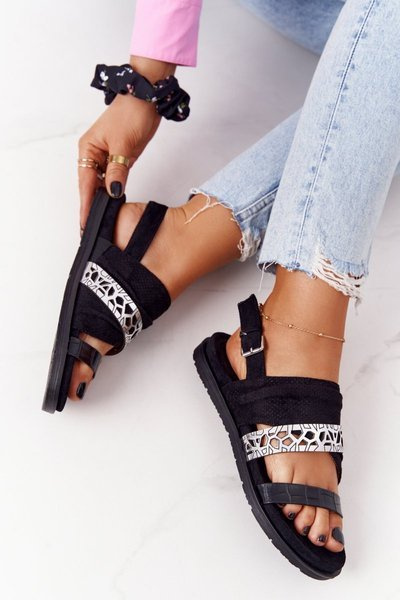 Dámské Semišové Sandály Černé-Stříbrné Asturia