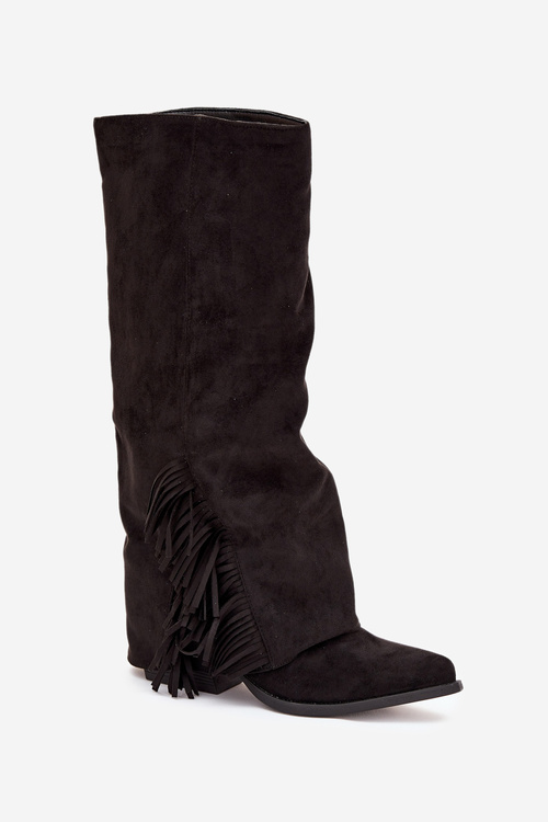 Zateplené Kozačky Kavalíři Dámské Na Podpatku S Třásněmi Černé Zalia