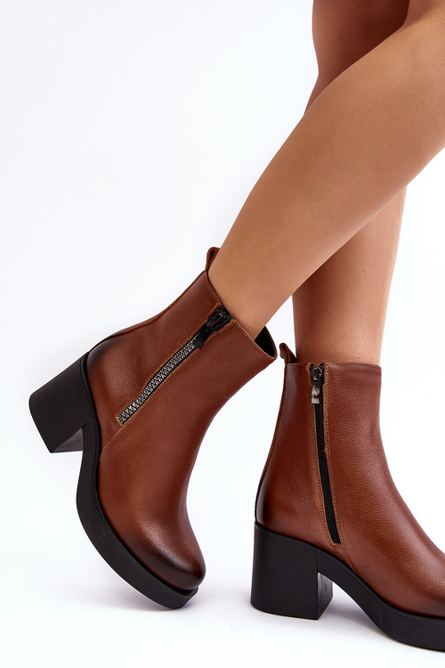 Botky Kožené Na Masivním Podpatku Se Zipy Hnědé Lemar Littosa