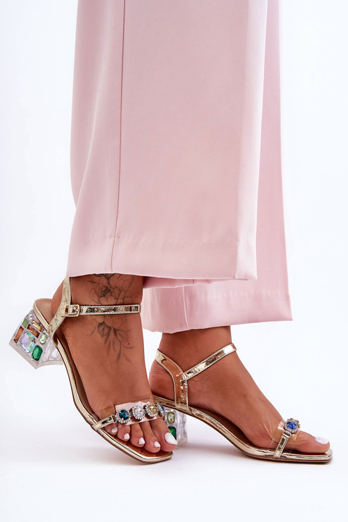 Dámské sandály na podpatku s krystaly zlaté SBarski MR1037-01