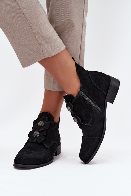 Semišové dámské polobotky s ozdobnými květinami Zazoo 3080 Černé