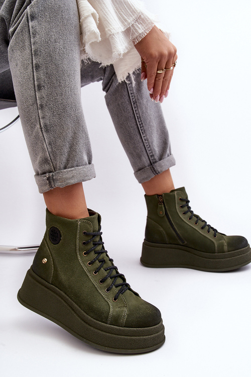 Suede topánky na masívnej platforme Maciejka 06309-24 Olive