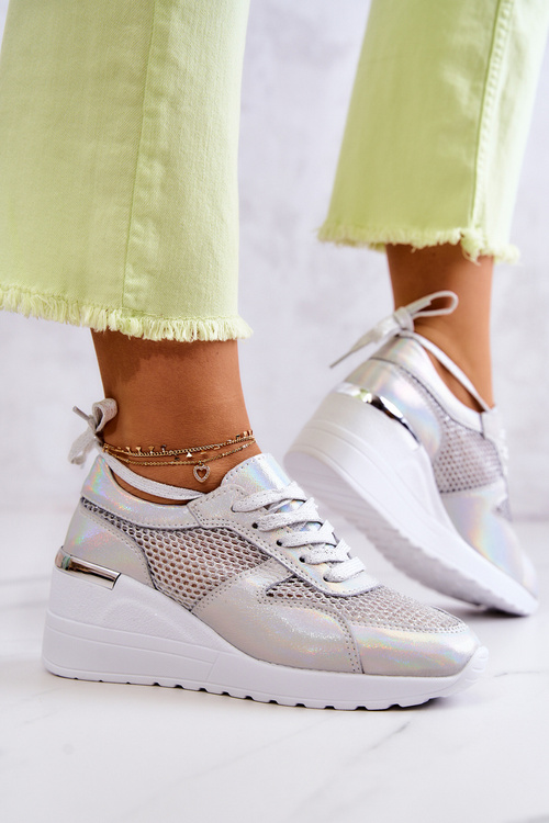 Kožené Síťované Klínové Boty Sneakersy S.Barski Stříbrne