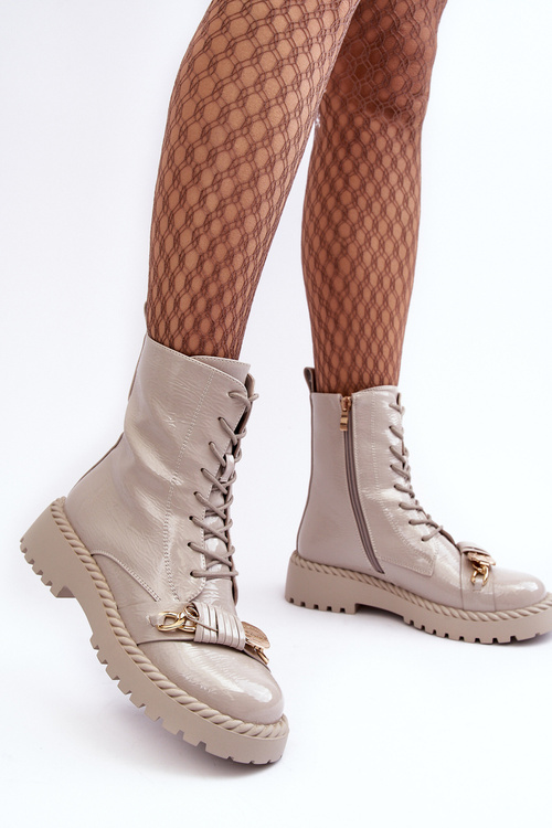 Dámské lakované Workery boty s ozdobou D&A MR870-67 světle šedá