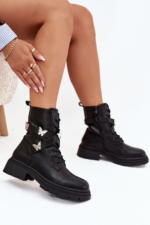 Zateplené pracovné čižmy s pásikom a striebornými sponami Čierne Kaelina