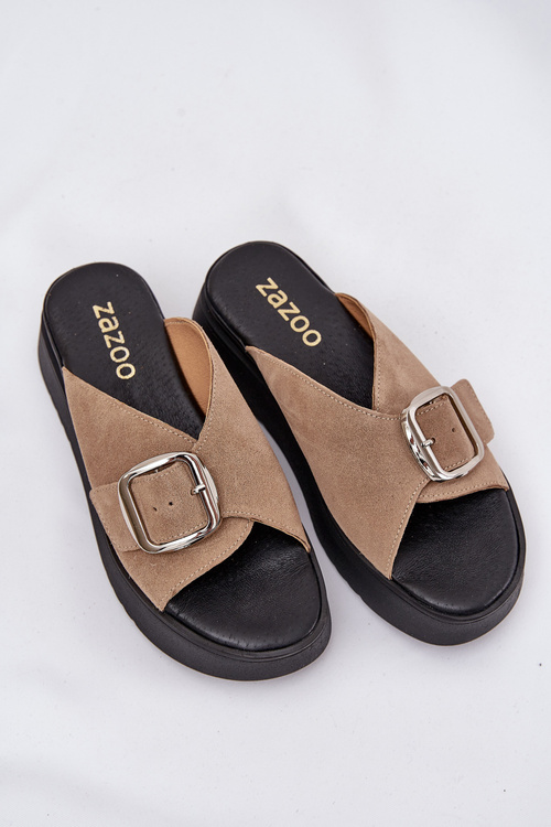 Dámske semišové šľapky s prackou na platforme béžové Zazoo 3019