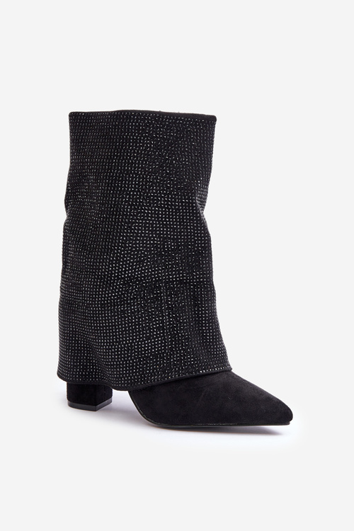 Zdobené Lesklé Čižmy S Otočeným Svrškom Na Bloku Zateplené Čierne Xistaria