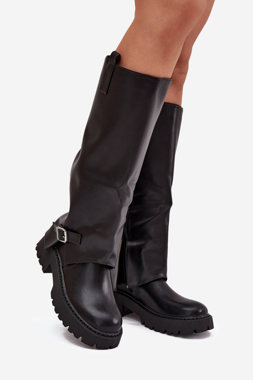 Zateplené kozačky s ohrnutým svrškem a sponou černé Fiorae