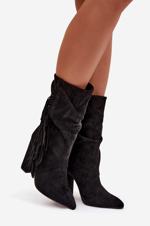 Darlina dámske čižmy na opätku s strapcami a zmačkaním zateplené čierne