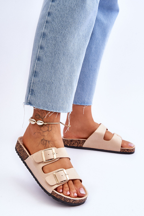 Dámske papuče na korkovej plošine s pruhmi béžová Doretta