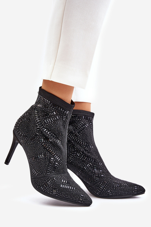 Nazouvací zdobené botky na jehlovém podpatku S.Barski HY42-161 Černé