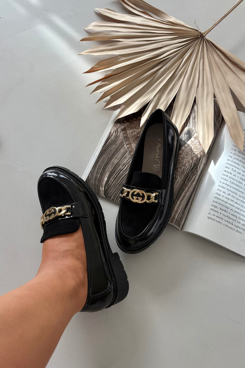 Lakované dámske mokasín s zlatým ozdobením S.Barski HY52-540 Čierne