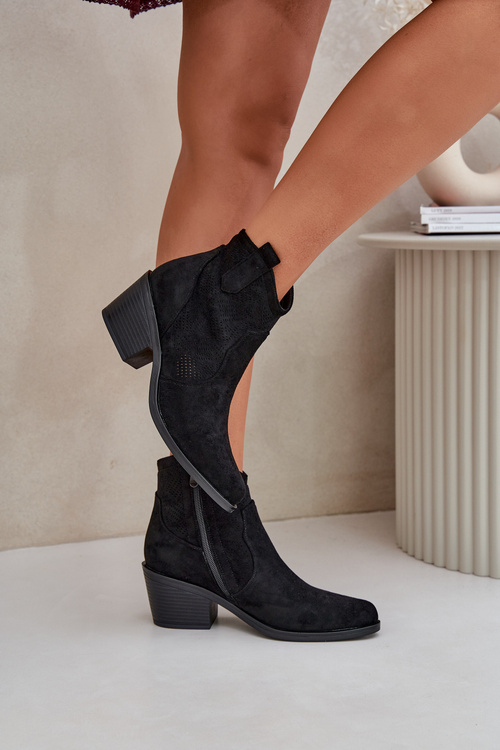 Děrované Kovbojské Botky Na Zip Eko Semišové S.Barski HY51-061 Černé