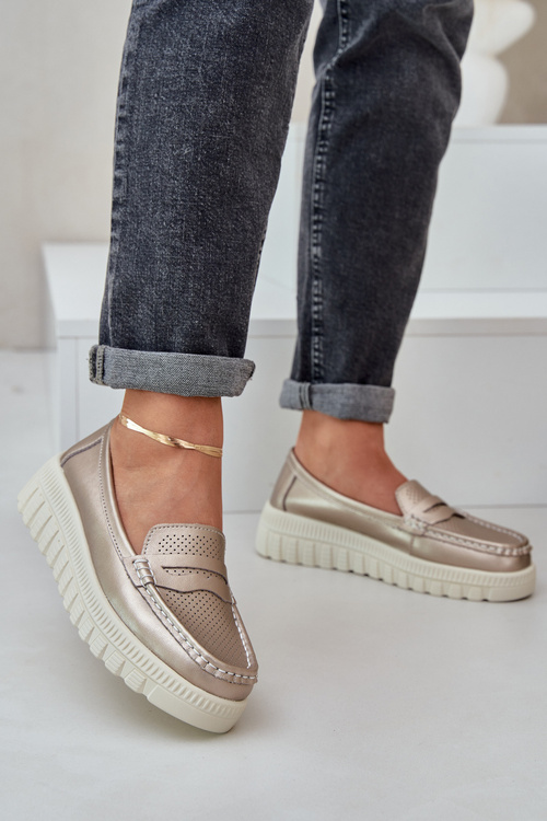 Dámske Kožené Mokasíny Na Platforme A Opätku Rúžové Zlato Elanindel