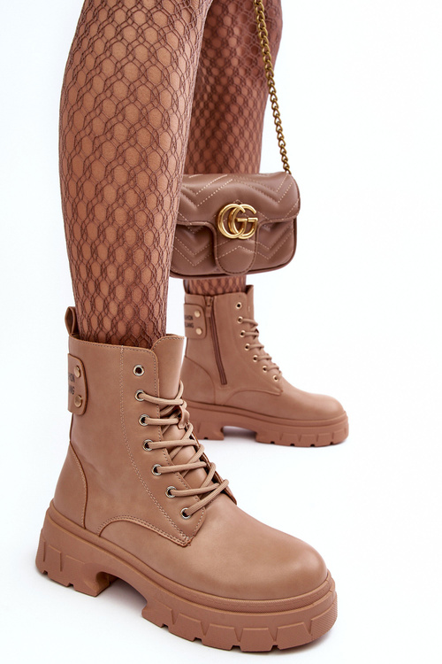 Dámské Workery Botky Šněrovací Na Plochém Podpatku Bežové Brenhile