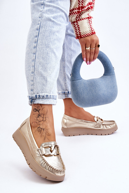 Zazoo 10141 Kožené Mokasíny na Platformě s Ozdobou Zlaté