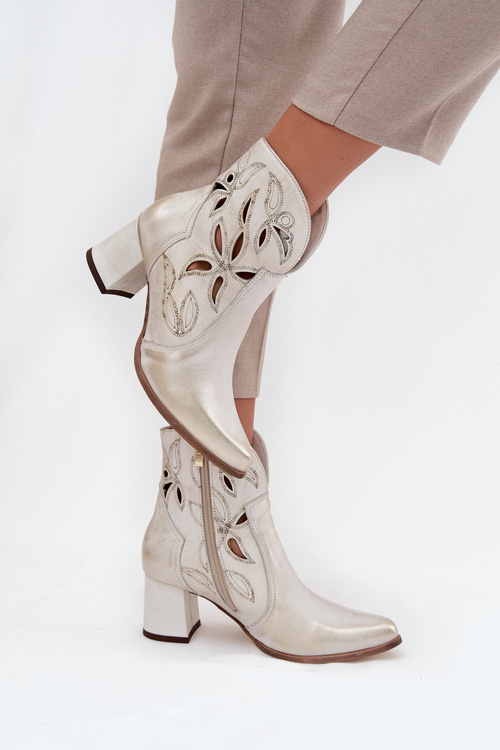 Kožené Prolamované Dámské Kotníkové Boty Na Podpatku Zazoo 3647 Zlatý Opotřebovaný