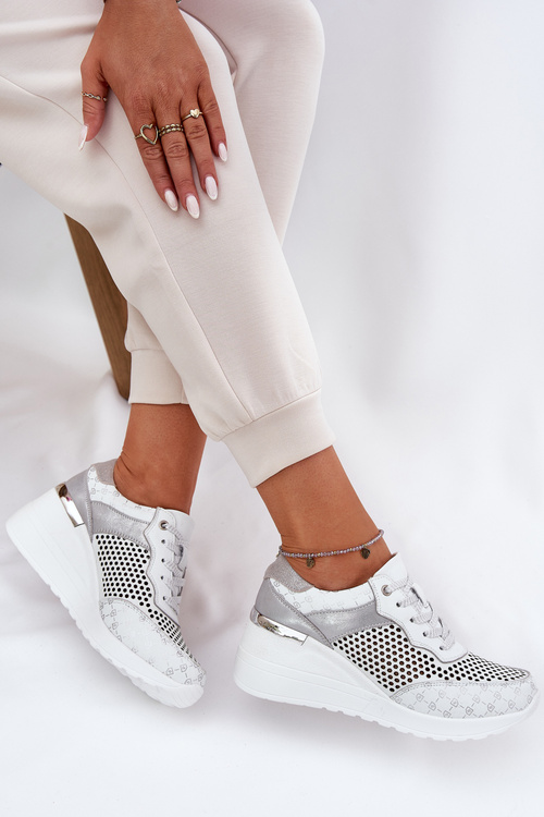 Kožené Ažúrové Športové Topánky Sneakers Na Klíne Biele S.Barski LR51-641