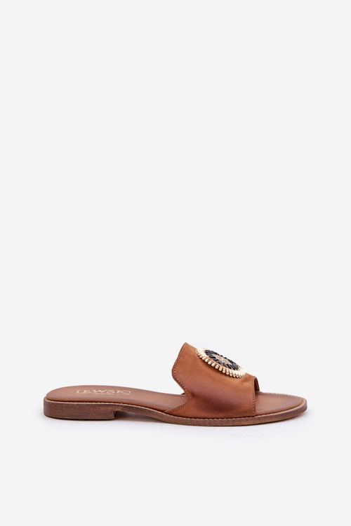 Kožené Šľapky S Ozdobou Na Plochom Opätku Zazoo 3047/O Camel