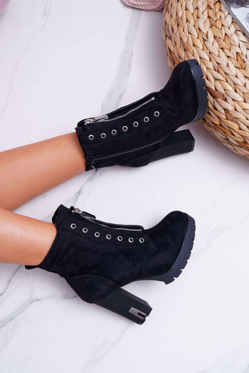 Dámské Kotníkové Boty Na Podpatku S Ozdobným Zipem Semišové Černé Imagine