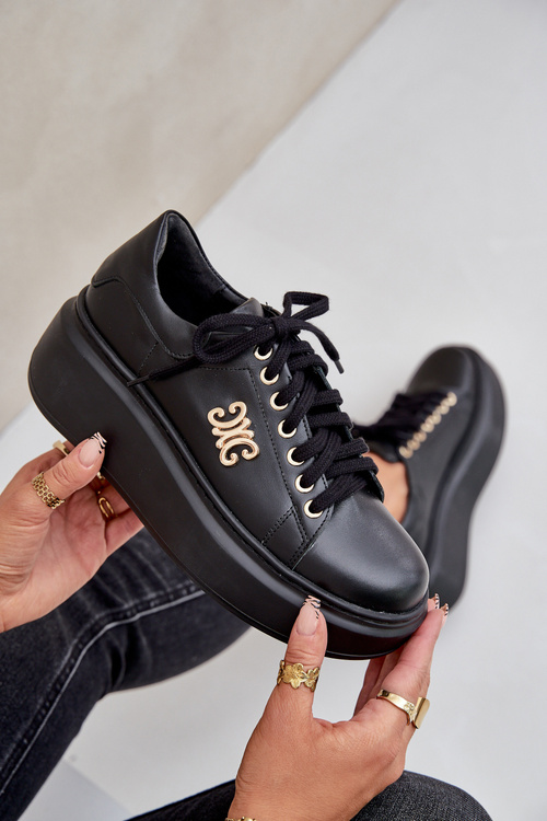 Tenisky Z Pravej Kože Na Platforme Zlatá Dekorácia Lewski 3428 Čierne