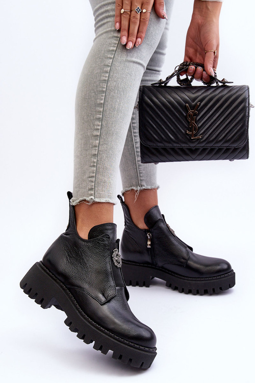 Dámské kožené boty s ozdobou černé Lusanna