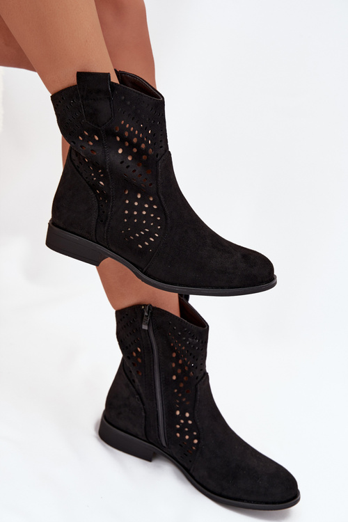 Ažurové dámské kotníkové boty na nízkém podpatku Černé Amisna