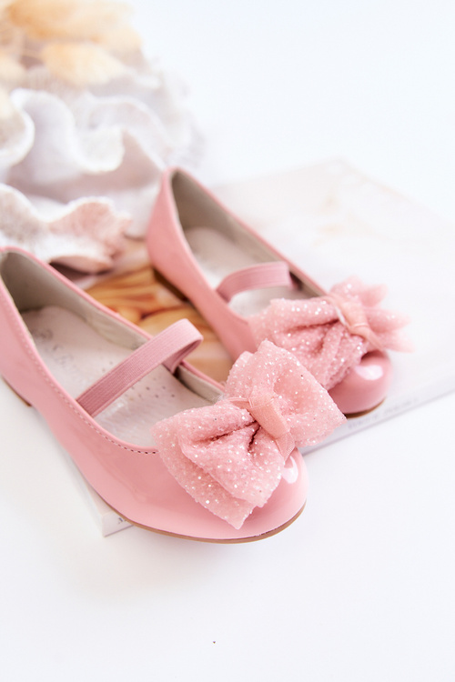Detské lakované baleríny s ružovým zlyovým lukom