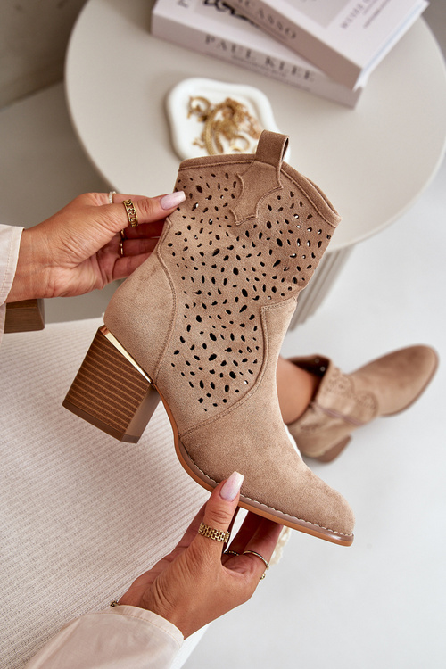 Ažúrové členkové topánky s blokovým opätkom vyrobené z ekokože zips tmavobežové Sevana
