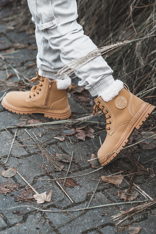 Detské topánky zipsových topánok s kabátom s ovčou kožou Camel Marialee