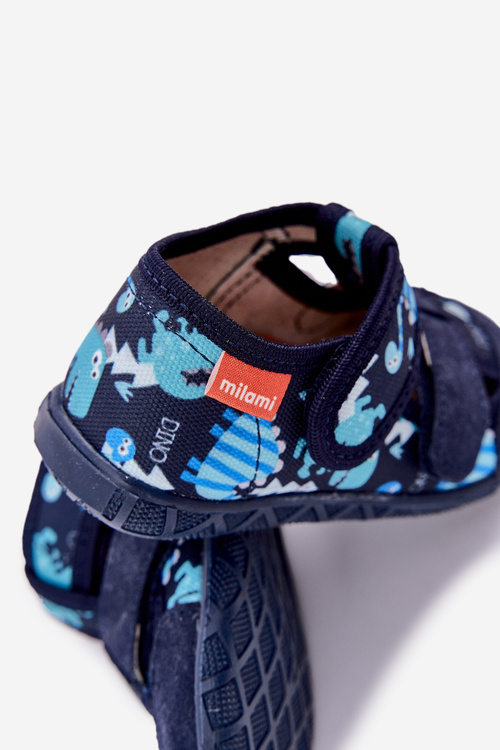 Pantofle Milami Dětské Na Suchý Zip S Dinosauřími Motivy Modré Reathiana