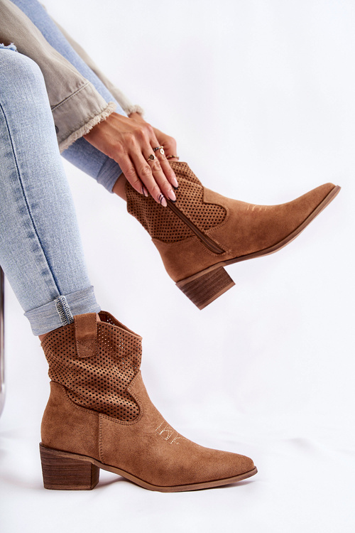 Suede Openwork Cowboy topánky s ťavou elvire stehing
