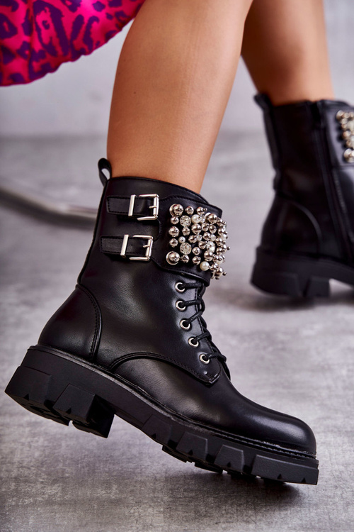 Dámské kozačky s ozdobami vázanými černe Leonese