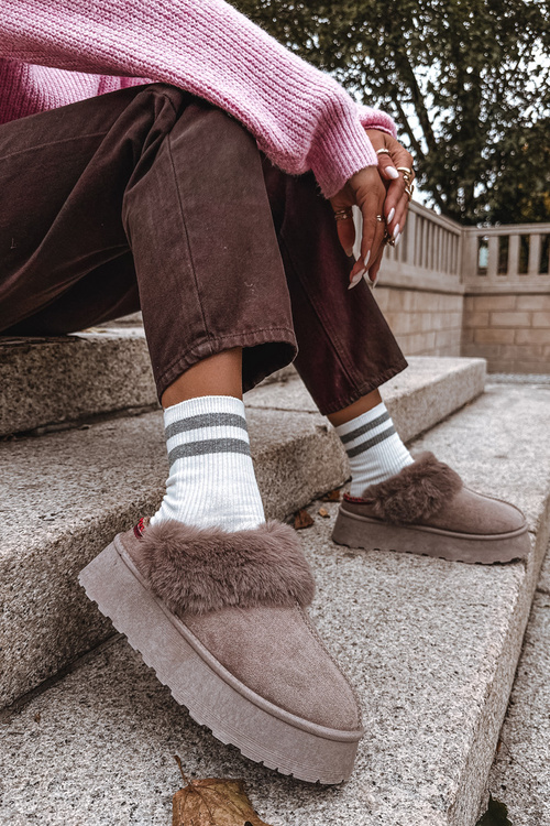 Dámské sněhule na platformě s kožešinou a výšivkou tmavě béžové Querina