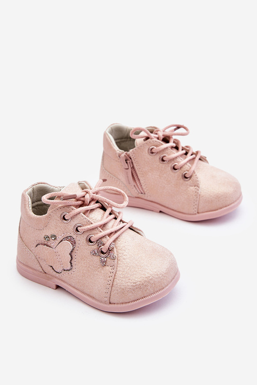 Kožené čipky -upové topánky s ružovým motýľom avi