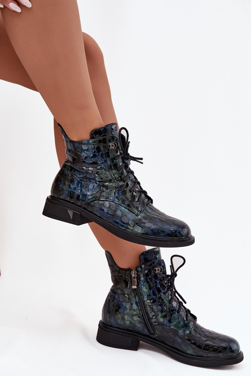 Lakované dámské kotníkové boty z pravé kůže D&A LZ52-962 tmavě modré