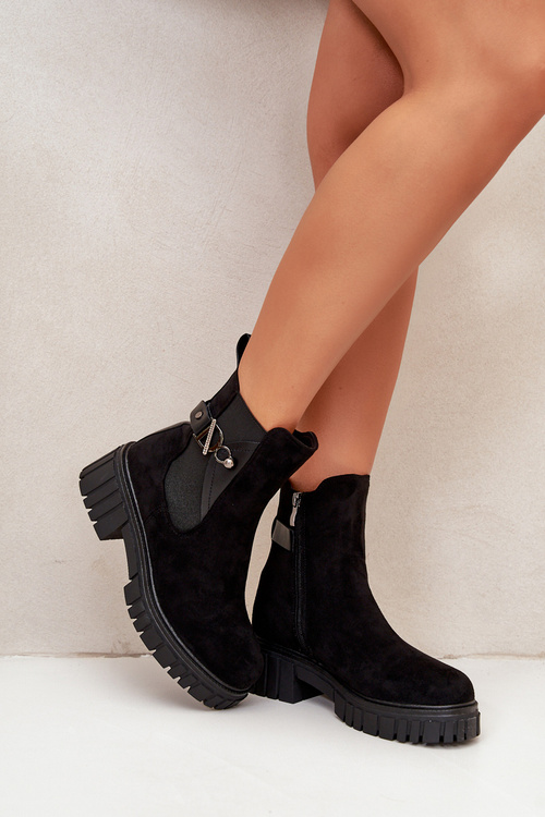 Zateplené Dámske Čižmy So Zlatým Detailom Eko Semiš Čierne Bervena