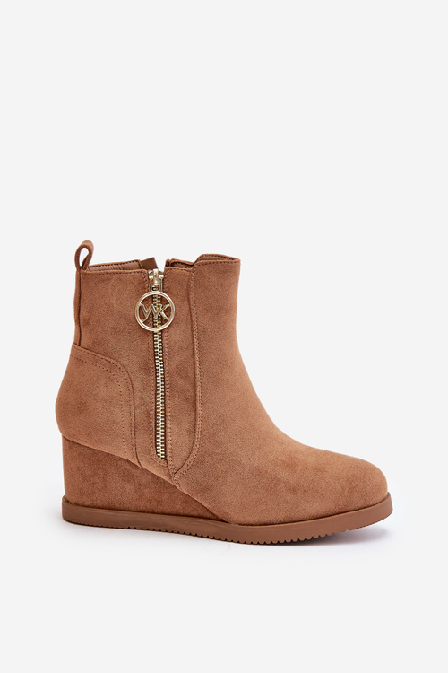 Zateplené čižmy na klinovom podpätku s ozdobným zipsom eko semišové camel Leretha