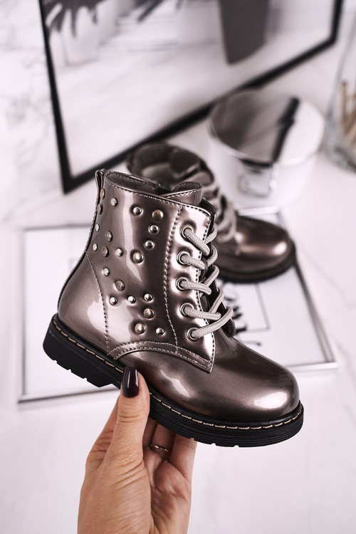 Izolované topánky pre deti s dlažbami lakovanou šedou slávom