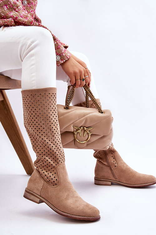 Dámské semišové prolamované kozačky nad kolena Béžove Savannah