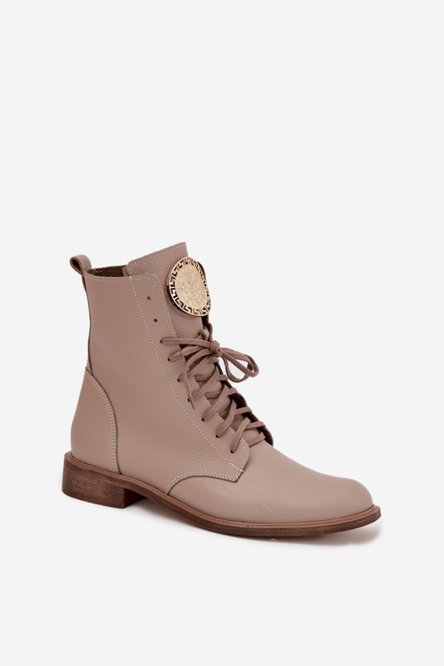 Kožené dámské kotníkové boty na plochém podpatku se zlatým detailem Zazoo 3084 béžové